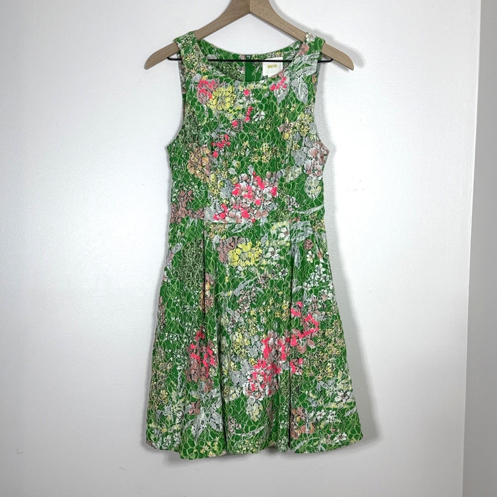 Maeve Anthropologie Womens Fit Flare Dress Size 6 Green Lace Sequin Garden Party - Picture 2 of 10